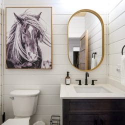 Half bath with a framed horse print, a dark vanity and an oval gold mirror