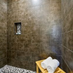 Walk-in shower with large dark tile and a niche