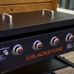 Close view of a four-burner Blackstone griddle