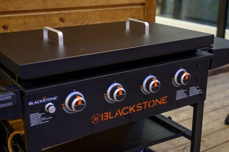 Close view of a four-burner Blackstone griddle
