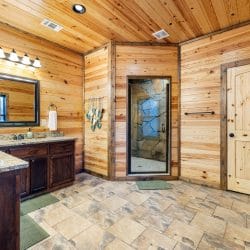 Bathroom with a granite vanity and a glass-door stone shower