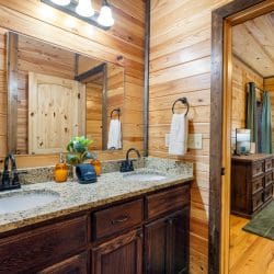 Double sink vanity with a view into the bedroom
