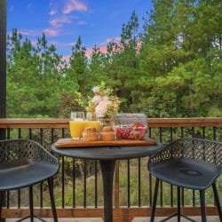 Bistro table and two stools with a breakfast spread, overlooking the trees
