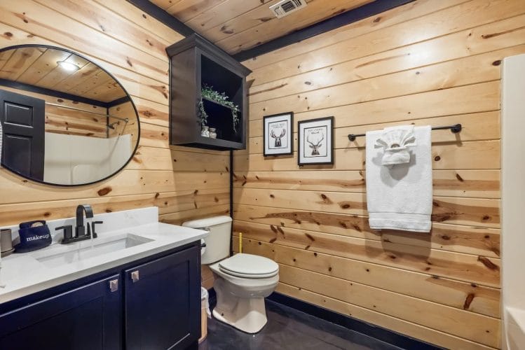 Bathroom with a navy vanity, a round mirror, a toilet and antler art on the pine wall