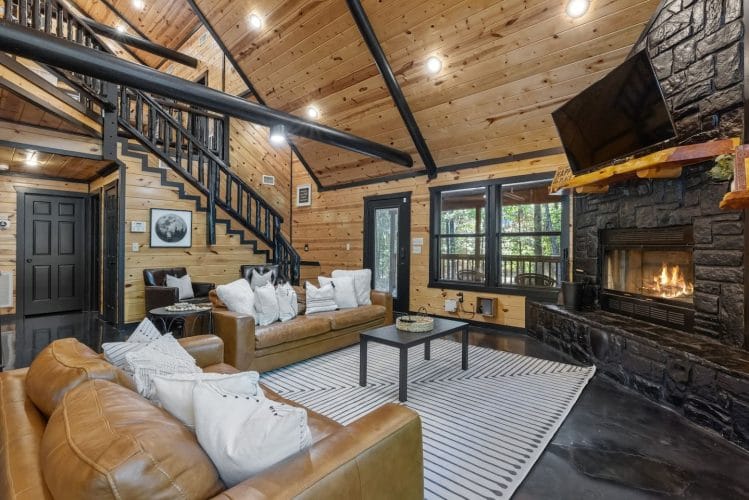 Living area with a gas fireplace in a dark stone surround, a TV above it and leather sofas