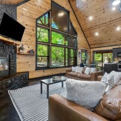 Tall window wall beside the gas fireplace with a TV above it, looking out to the trees