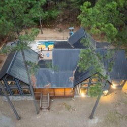 Close aerial view of the metal roof with the deck at the corner