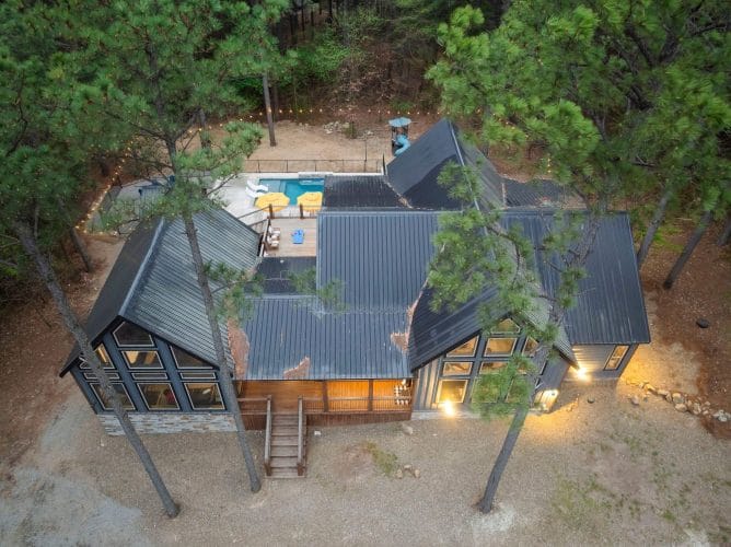 Close aerial view of the metal roof with the deck at the corner