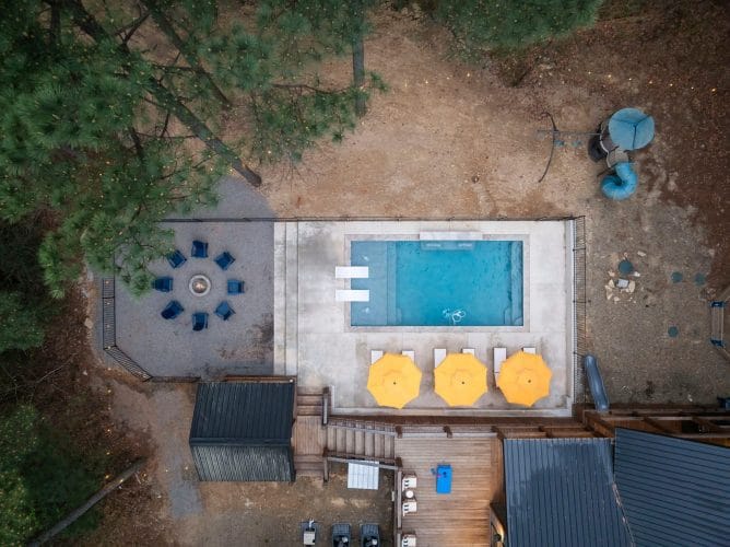 Aerial view of the rectangular pool with in-pool loungers