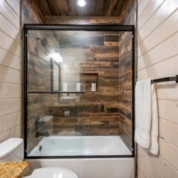 Glass shower with dark reclaimed-wood-look tile and a niche