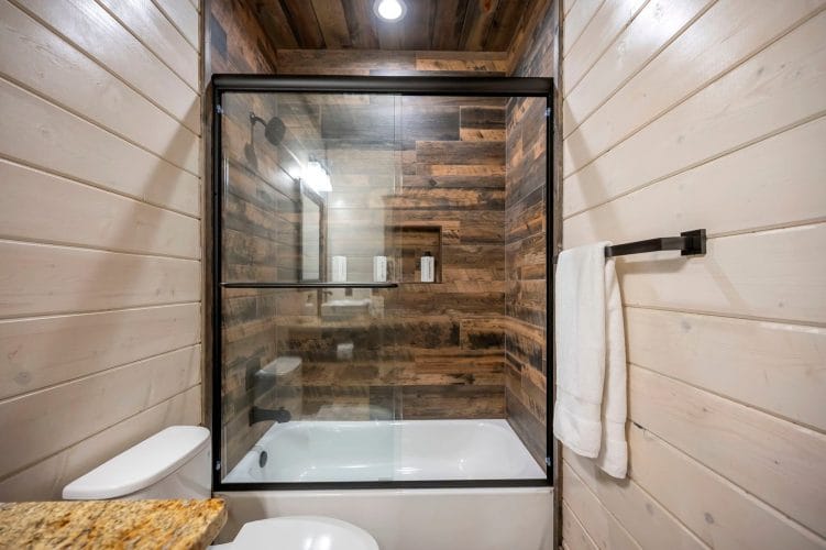 Glass shower with dark reclaimed-wood-look tile and a niche