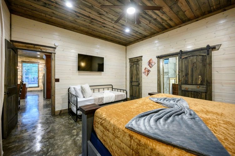 Black metal daybed with a wall-mounted TV and a wood door