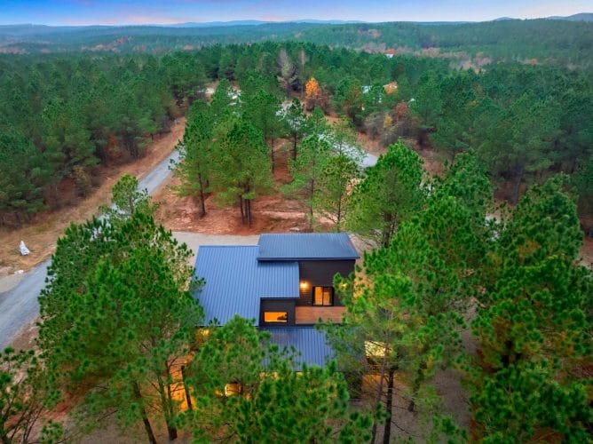 Aerial view of the metal roof with the wooded lot behind it