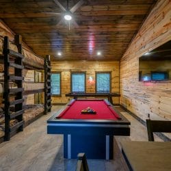 Red-felt pool table and shuffleboard under three windows with a neon wine sign