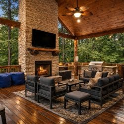 Covered deck with a stone fireplace, wall-mounted TV and an outdoor seating group