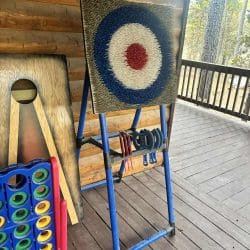 Ring-toss target with horseshoes hanging on its stand on the deck
