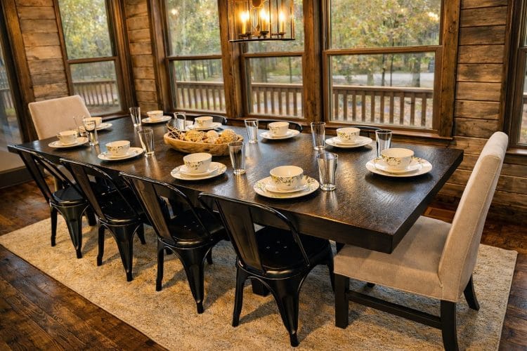 Long dark dining table set with plates and black chairs in front of a wall of windows