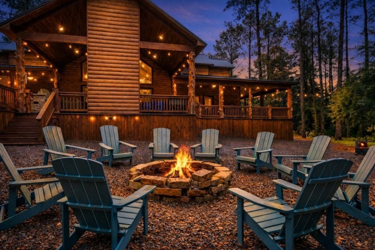 Fire pit surrounded by Adirondack chairs at dusk with the lodge lit up behind it