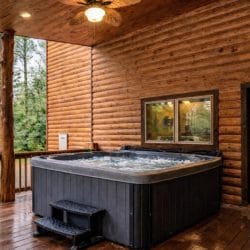 Hot tub on the covered porch beside a log wall and a door