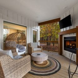 Covered patio with wicker chairs, a gas fireplace with a TV above it and a wicker egg chair