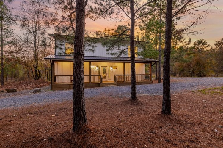Straight-on view of the front porch through pine trunks