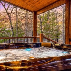 Hot tub on a covered porch at dusk with trees beyond the rail