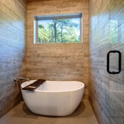 Freestanding white soaking tub beside a glass-door shower and a window