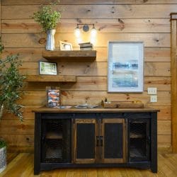 Dark console cabinet with open shelves and a potted plant on a plank wall