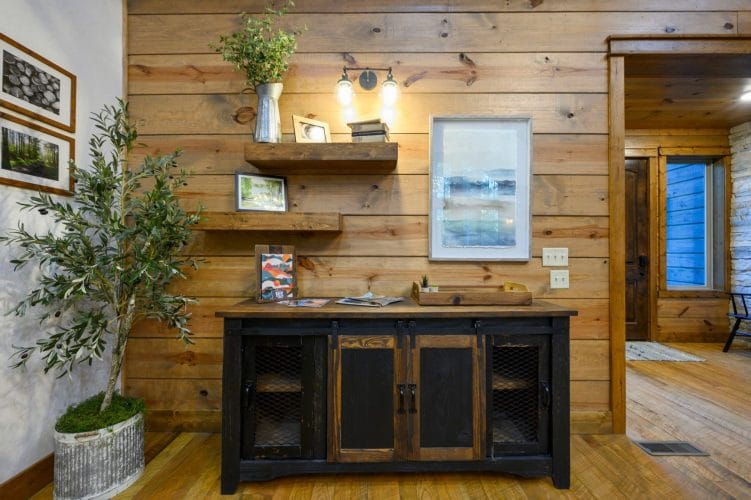 Dark console cabinet with open shelves and a potted plant on a plank wall