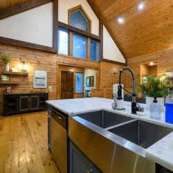 Farmhouse double sink set into the kitchen island