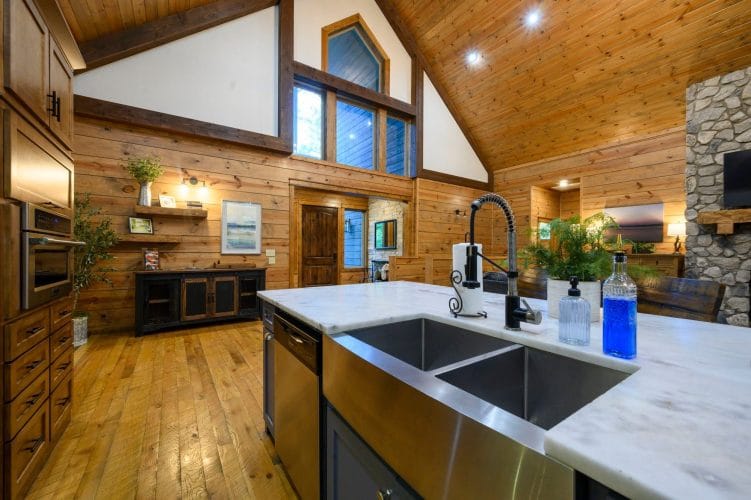 Farmhouse double sink set into the kitchen island