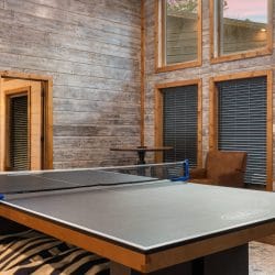 Ping pong table on a zebra rug with tall windows in the game house