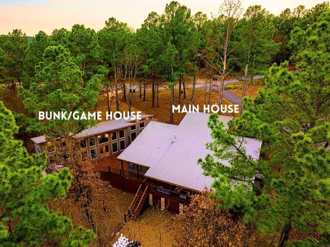 Aerial of the game house and the main house with the two building names written on the photo
