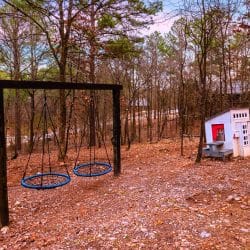 Two nest swings and a small white playhouse in the yard