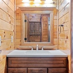 Bathroom with a white vanity and a framed mirror on pine walls