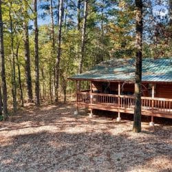 Single-story cabin with a green metal roof and a railed porch, seen through tall pines on a leaf-covered lot