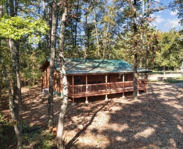 Cabin with a green metal roof and long front porch seen through pine trunks