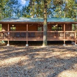 Wide view of the porch side of the cabin with a tree in front