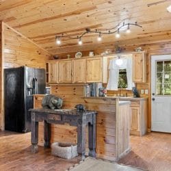 Kitchen seen from the living room with the refrigerator, cabinets and a back door with a window