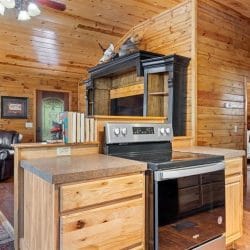Stainless stove set in a wood-topped counter between the kitchen and the living room