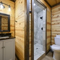 Vanity with a black-framed mirror and a walk-in shower, toilet at right
