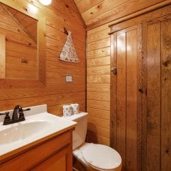 Small bathroom with a white sink, toilet and a plank door