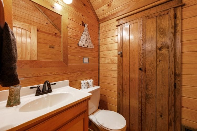 Small bathroom with a white sink, toilet and a plank door