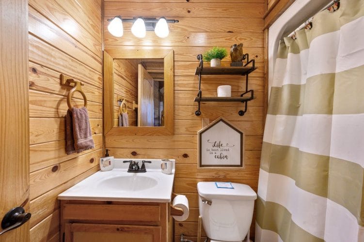Bathroom with a single-sink vanity, toilet and a striped shower curtain