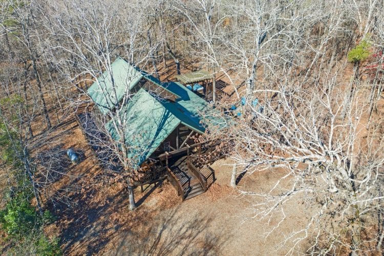 Aerial view of the green metal roof and deck among bare trees
