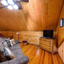 Upstairs seating with a sofa and a TV on a dresser, and bunks and a bed along the far wall