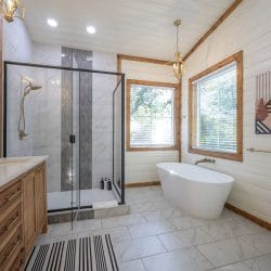Bathroom with a freestanding tub, a glass walk-in shower and a wood vanity