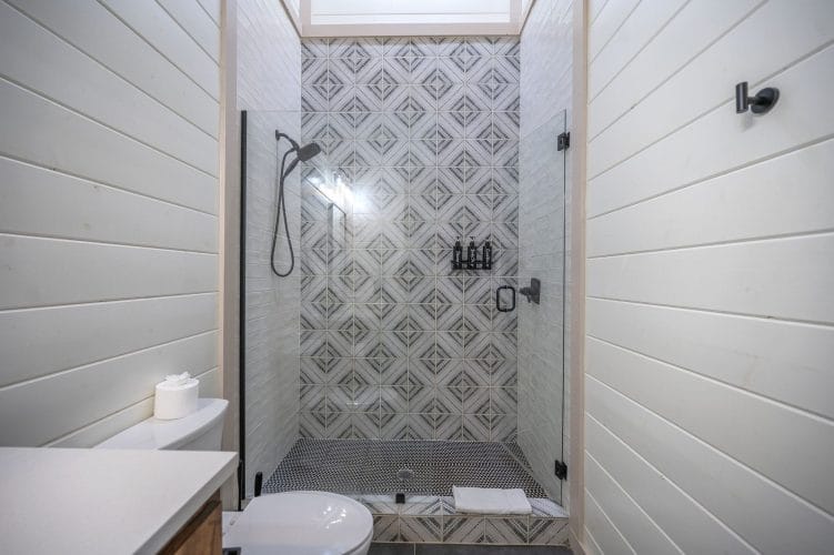 Walk-in shower with patterned tile