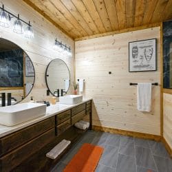 Double vanity with round mirrors and a shower at the right
