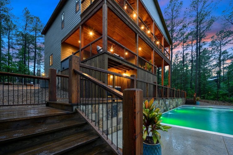Steps down from the deck toward the pool